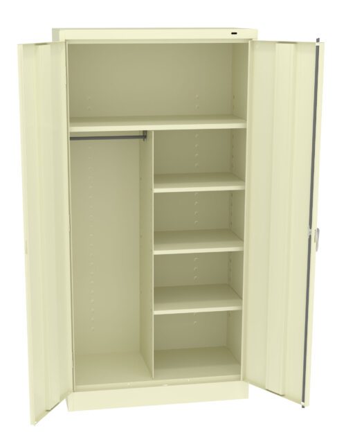 Open beige metal cabinet with two doors. Inside, it has a rod for hanging clothes on the left and multiple shelves on the right, providing storage options.