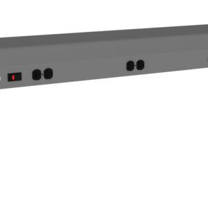Gray metal power strip with multiple outlets and a red power switch, mounted on an L-shaped bracket. The design is industrial and sturdy, suitable for workshops or professional settings.
