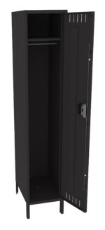 A black metal locker standing upright with its door open, showing an empty interior. Inside, theres a hanging rail and a shelf. The locker has small ventilation slots near the top and bottom sections of the door.
