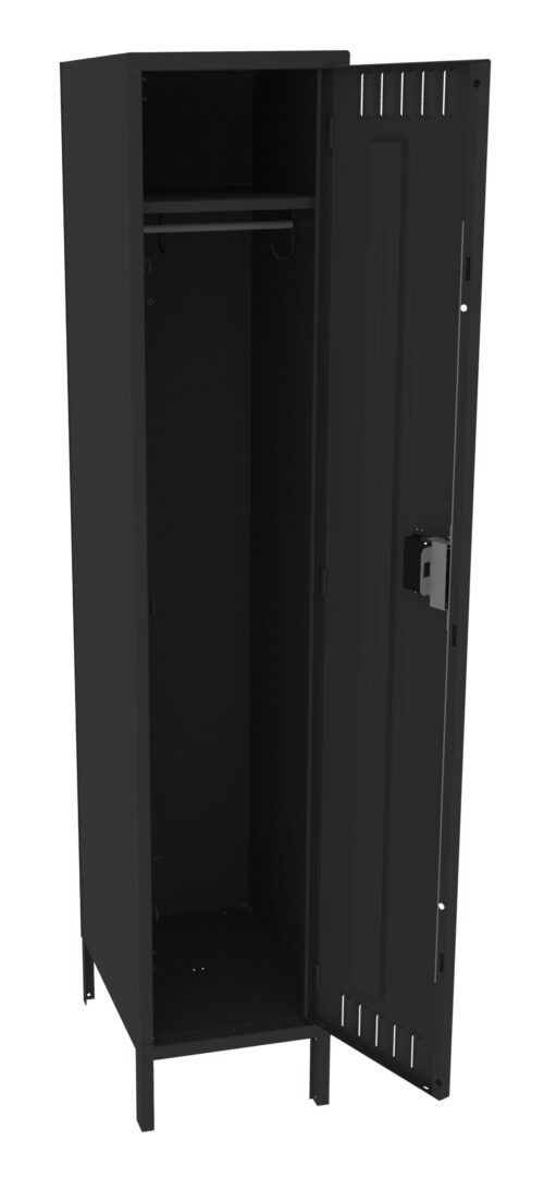 A black metal locker standing upright with its door open, showing an empty interior. Inside, theres a hanging rail and a shelf. The locker has small ventilation slots near the top and bottom sections of the door.