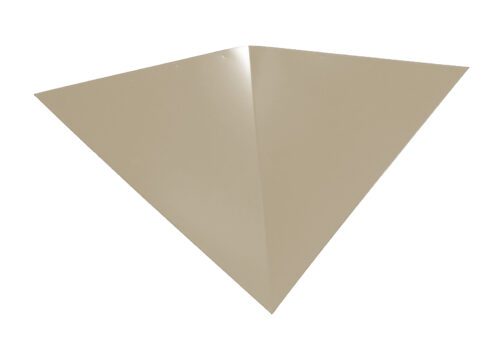 A beige, triangular cardboard or paper card set against a plain white background, showcasing its symmetrical shape and smooth texture.