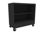 A black metal rolling cabinet with two shelves, set on four caster wheels. The design is minimalist and industrial, suitable for storage. The cabinet is placed against a plain white background.