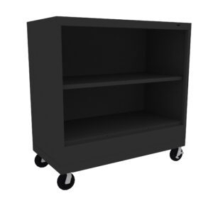 A black metal rolling cabinet with two shelves, set on four caster wheels. The design is minimalist and industrial, suitable for storage. The cabinet is placed against a plain white background.