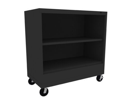p7ri8w9vzg3usqksdlzt.jpg A black metal rolling cabinet with two shelves, set on four caster wheels. The design is minimalist and industrial, suitable for storage. The cabinet is placed against a plain white background.