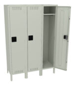 A gray metal locker with three doors, one of which is open. The open section reveals an upper shelf and a hanging rod, while the closed sections feature vent slots and black handles. The locker stands on four legs.