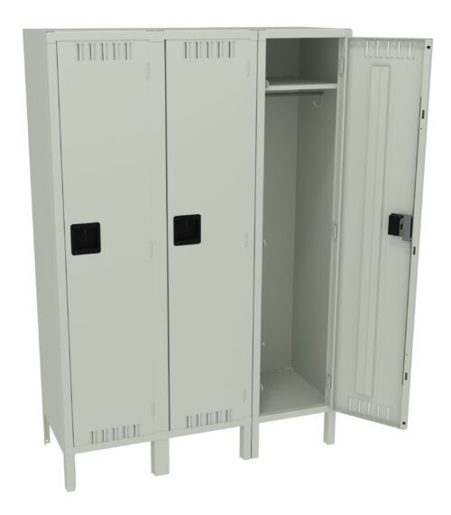 A gray metal locker with three doors, one of which is open. The open section reveals an upper shelf and a hanging rod, while the closed sections feature vent slots and black handles. The locker stands on four legs.