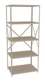 A tall, beige metal shelving unit with five adjustable shelves. The shelves are empty, and the unit features cross-braces for support. It stands against a plain, white background.