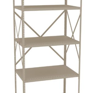 A tall, beige metal shelving unit with five adjustable shelves. The shelves are empty, and the unit features cross-braces for support. It stands against a plain, white background.