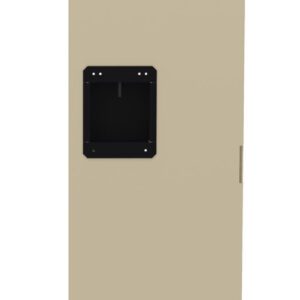 A beige locker door with horizontal ventilation slits at the top and bottom. A black rectangular handle is situated near the center of the door.
