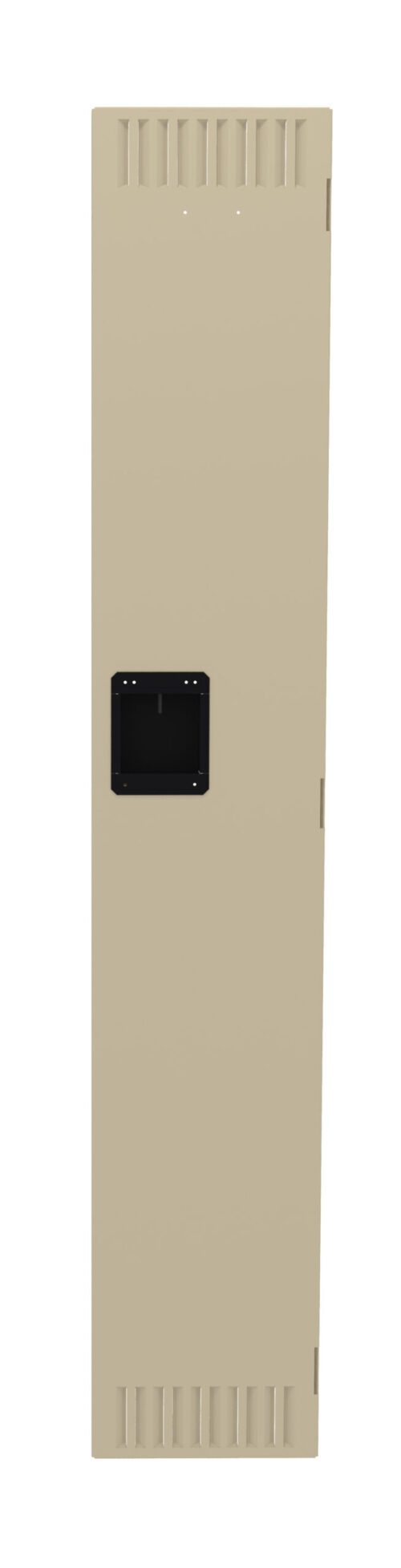 A beige locker door with horizontal ventilation slits at the top and bottom. A black rectangular handle is situated near the center of the door.