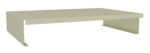A minimalist, beige, rectangular monitor stand with a clean, flat surface and open sides is shown. Designed to elevate a monitor, it has a modern, simple design.