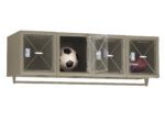 A metal storage unit with four transparent compartments. The left compartment contains a soccer ball. The third compartments door is open, with an American football inside. The others are empty.