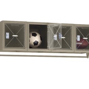 A metal storage unit with four transparent compartments. The left compartment contains a soccer ball. The third compartments door is open, with an American football inside. The others are empty.