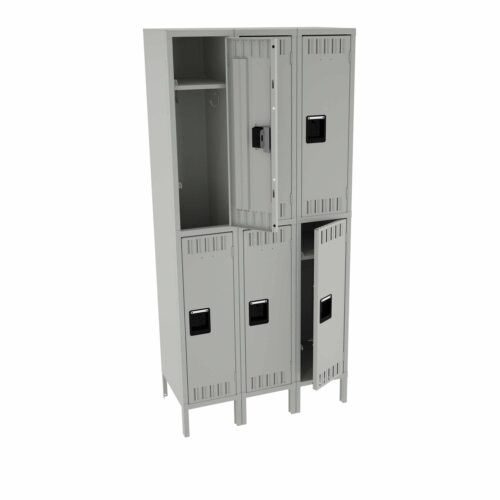 p9myr4uhih365jmqnusd.jpg A metal locker unit with six doors. The top left and top middle compartments are open, showing shelves and a lock. All other doors are closed. The locker is gray and has black handles.