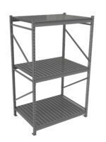 Metal storage rack with three shelves and perforated beams. The design is utilitarian, suitable for industrial or garage use. The frame is open on all sides, allowing easy access to stored items.