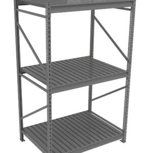 Metal storage rack with three shelves and perforated beams. The design is utilitarian, suitable for industrial or garage use. The frame is open on all sides, allowing easy access to stored items.