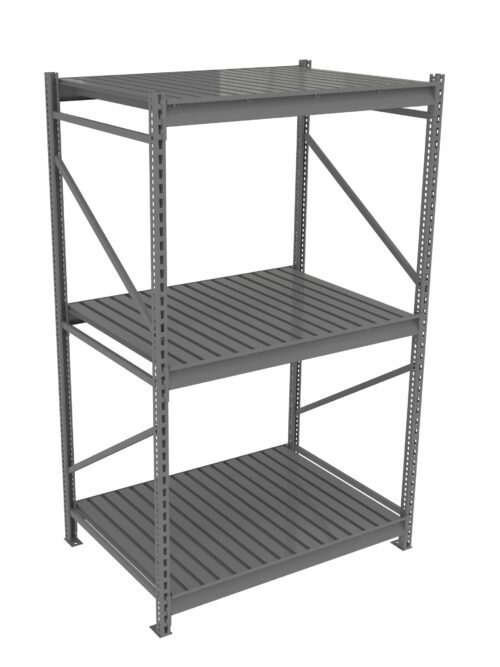 Metal storage rack with three shelves and perforated beams. The design is utilitarian, suitable for industrial or garage use. The frame is open on all sides, allowing easy access to stored items.