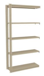 A beige metal shelving unit with five adjustable shelves and perforated side supports, designed for storing various items. The shelves are evenly spaced and the unit has a simple, industrial appearance.