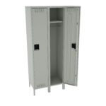 A grey metal double locker with one door open. The interior shows an empty compartment with a single shelf inside the left section and an open space for hanging clothes in the right section. The design is simple and industrial.
