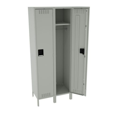 p9zo07k3a3ey5v6uuwcf.jpg A grey metal double locker with one door open. The interior shows an empty compartment with a single shelf inside the left section and an open space for hanging clothes in the right section. The design is simple and industrial.