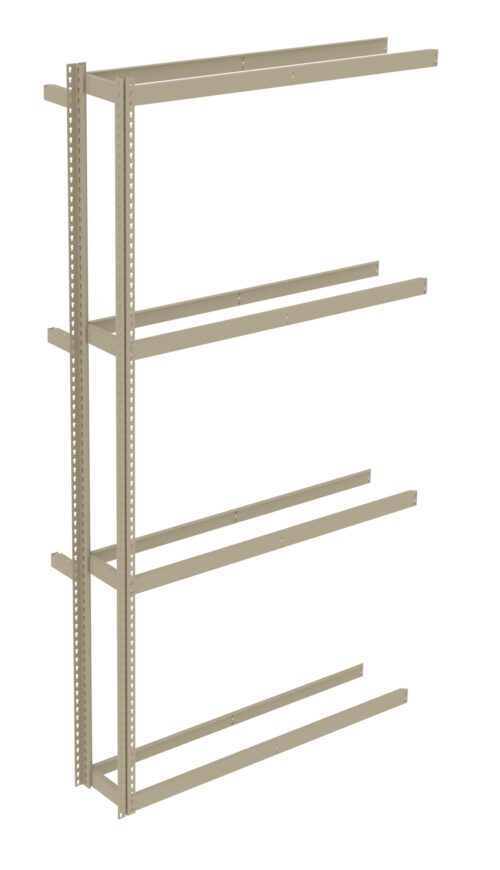 Metal shelving unit frame with vertical and horizontal beams, without shelves. It has a beige finish and is designed for assembling adjustable shelves, suitable for storage or organizational purposes.