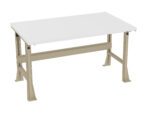 A sturdy workbench with a white tabletop and beige metal legs is shown against a white background. The legs have multiple perforations, presumably for adjusting the height or adding attachments.
