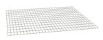 A rectangular metal grid panel lies flat against a white background. The grid features evenly spaced, intersecting horizontal and vertical lines, creating a series of square openings throughout.