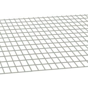 A rectangular metal grid panel lies flat against a white background. The grid features evenly spaced, intersecting horizontal and vertical lines, creating a series of square openings throughout.