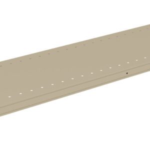 A beige rectangular metal shelf with a flat surface and small holes along the edges, designed for storage racks. The shelf is supported by metal brackets at each corner.