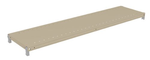 A beige rectangular metal shelf with a flat surface and small holes along the edges, designed for storage racks. The shelf is supported by metal brackets at each corner.