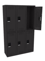 A black six-compartment metal locker with three rows and two columns. The top right locker door is open, showing the interior. The other five locker doors are closed. Each door features ventilation slits and a rectangular handle.