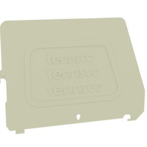 Beige rectangular panel with rounded corners and embossed text reading tennsco repeated three times. The panel has notches and a small circular hole near the bottom edge.