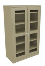 A beige metal storage cabinet with glass-paneled double doors and four shelves inside. The cabinet features adjustable shelving with sleek, modern handles for opening the doors.