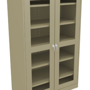 A beige metal storage cabinet with glass-paneled double doors and four shelves inside. The cabinet features adjustable shelving with sleek, modern handles for opening the doors.