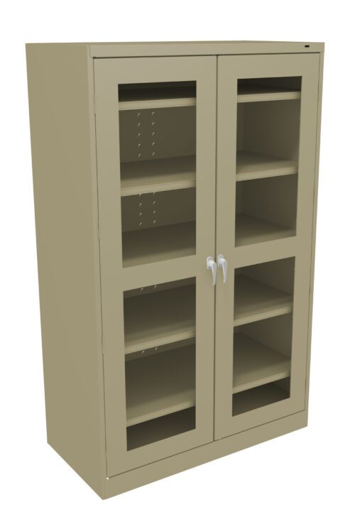 A beige metal storage cabinet with glass-paneled double doors and four shelves inside. The cabinet features adjustable shelving with sleek, modern handles for opening the doors.