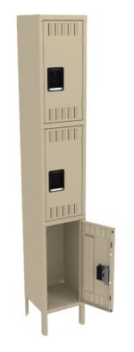 A tall metal locker with three compartments, one of which is open. The open compartment shows a lock mechanism inside. The locker has a beige color and a simple, industrial design.