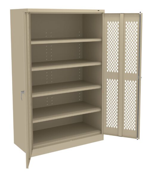 A beige metal storage cabinet with one door open, revealing five adjustable shelves. The open door features a lattice design for ventilation. The cabinet stands on a flat base with a handle on each door.