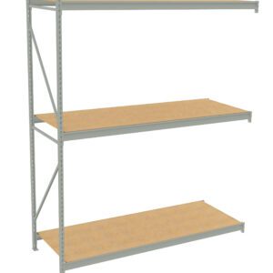 A metal storage rack with three wooden shelves, evenly spaced and supported by a light gray metal frame with diagonal back bracing. The structure is designed for heavy-duty storage use in garages or warehouses.