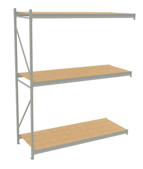 A metal storage rack with three wooden shelves, evenly spaced and supported by a light gray metal frame with diagonal back bracing. The structure is designed for heavy-duty storage use in garages or warehouses.