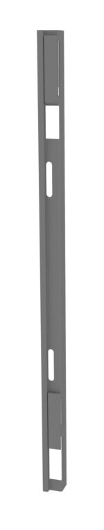 A vertical, dark gray metal bracket with rectangular cutouts along its length on a white background.