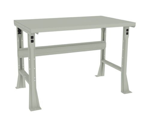 A beige industrial workbench with a sturdy metal frame and a flat rectangular tabletop. The design includes metal support beams and adjustable legs, providing durability and stability for heavy-duty tasks.