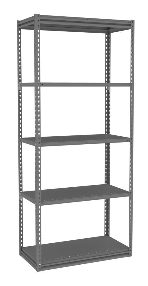 pbjeoyh31v1gn8tu9fq0.jpg A tall, gray metal shelving unit with five adjustable shelves. The design is open and industrial, suitable for storage in a garage or workshop.