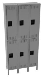 A set of six gray metal lockers arranged in two rows and three columns, with black handles on each door. The lockers have ventilation slits on top and bottom.
