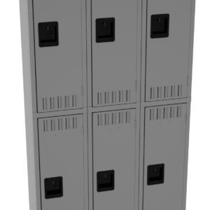 A set of six gray metal lockers arranged in two rows and three columns, with black handles on each door. The lockers have ventilation slits on top and bottom.
