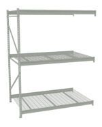 Metal storage rack with three shelves. The top and middle shelves are solid panels, while the bottom shelf is a grid. The structure is light gray, sturdy, and designed for heavy-duty storage.