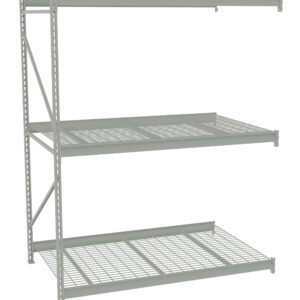 Metal storage rack with three shelves. The top and middle shelves are solid panels, while the bottom shelf is a grid. The structure is light gray, sturdy, and designed for heavy-duty storage.