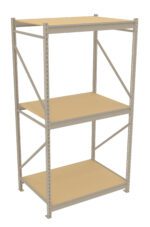 A metal shelving unit with three beige shelves, supported by vertical metal beams with perforated holes for adjustable shelving. The structure is freestanding, suitable for storage in a garage or workshop.
