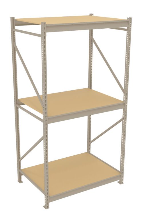 A metal shelving unit with three beige shelves, supported by vertical metal beams with perforated holes for adjustable shelving. The structure is freestanding, suitable for storage in a garage or workshop.