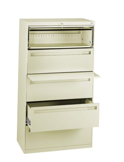 A beige four-drawer filing cabinet is shown with three drawers open. The top compartment is partially pulled out, revealing an empty slot. The drawers are staggered open, showcasing a minimalist, practical design.