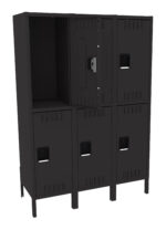 A black, metal storage locker unit with two rows of three compartments each. One locker door is open, revealing the empty interior. The unit stands on short legs and has ventilation slots on each door.